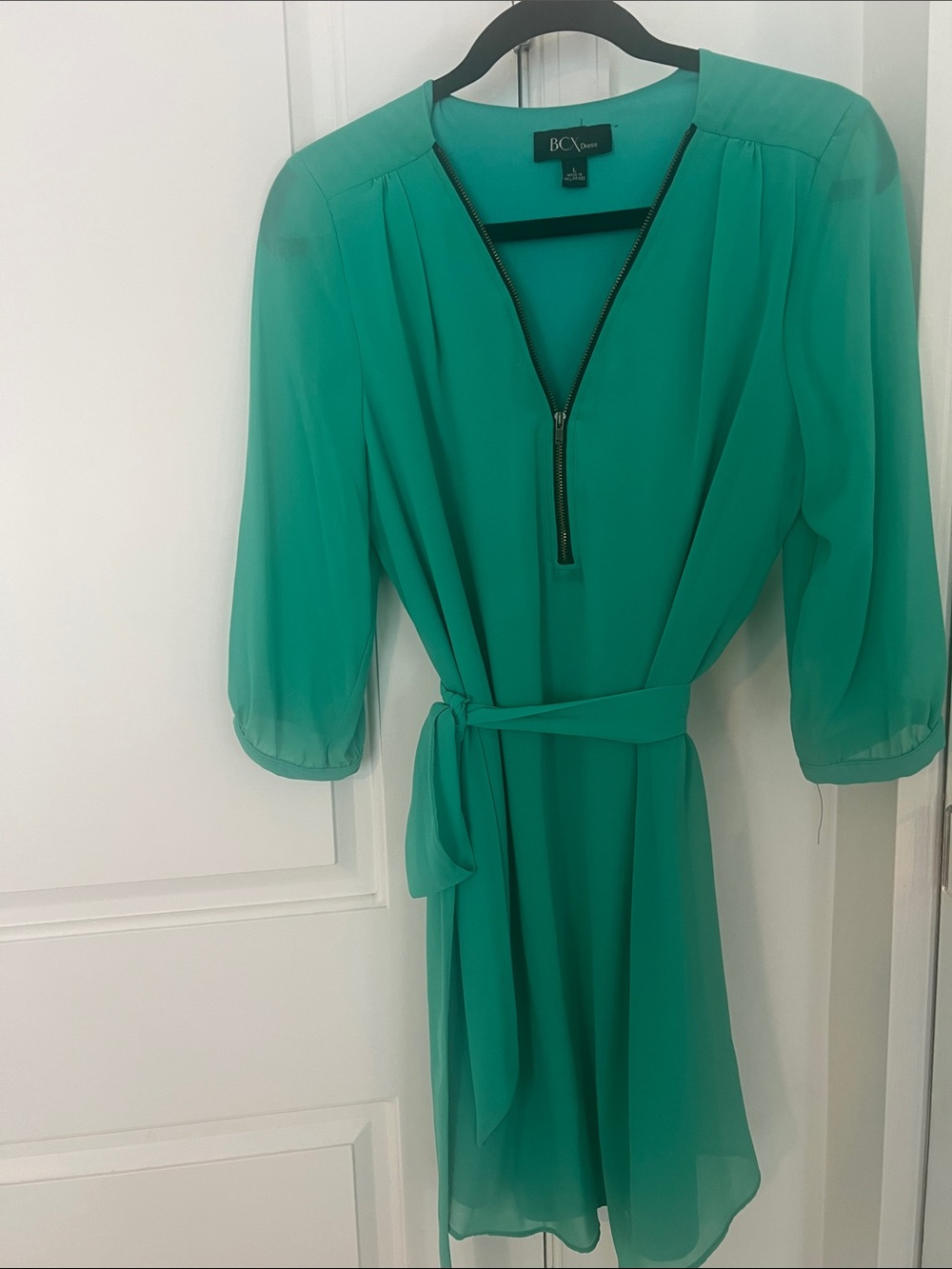 BCX bright summer green Athena style Zip-Front Belted Chiffon Mini Dress